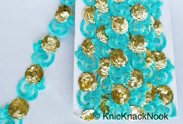 Blue Lace Trim, Tissue Fabric Cutwork With Floral Embroidery & Gold Sequins, Indian Embroidery